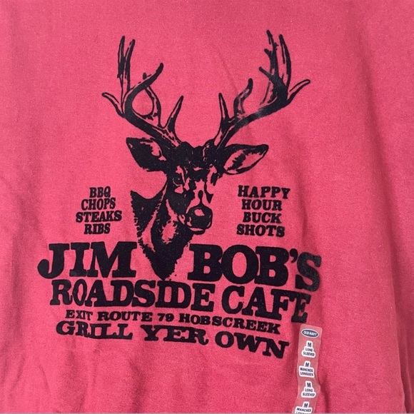 Vtg RARE Old Navy Mens Jim Bob’s Roadside Cafe Long Sleeve Burgundy Pullover M - Picture 2 of 6